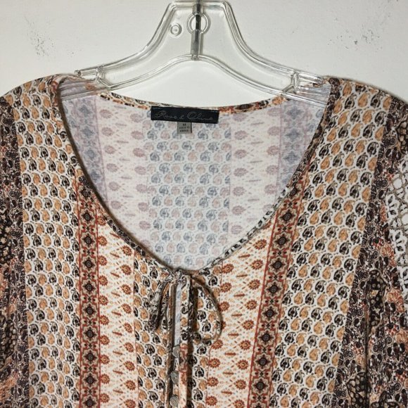 Rose Olive M Peasant Top Boho Ruffled Hem Ivory Rust Brown Stretch Knit Bust36.5 - Picture 4 of 13